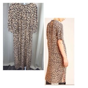By Anthropologie Mackenzie Dress Womens L Leopard Print Mock Neck Midi Side Slit